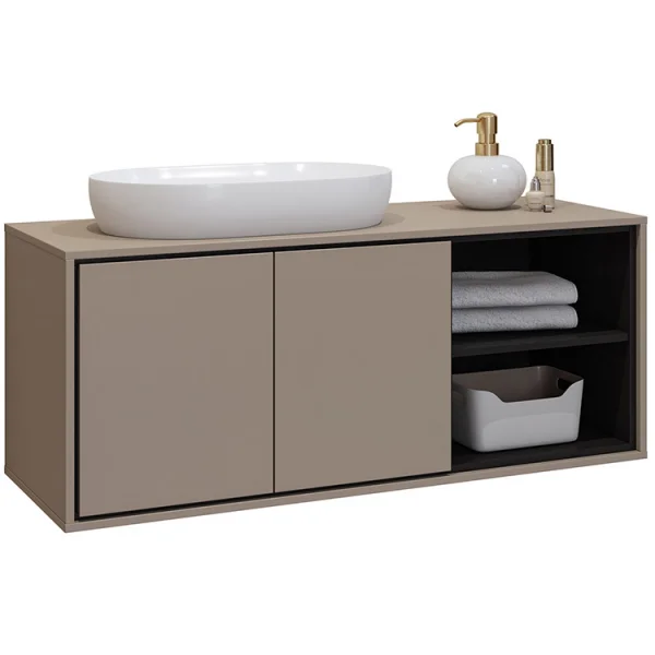 Mobile bagno sospeso 120x51cm 2 ante 2 vani a giorno tortora nero Linda