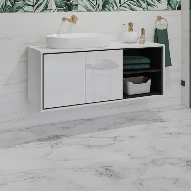 Mobile bagno sospeso 120x51cm 2 ante e 2 vani a giorno bianco lucido nero Linda