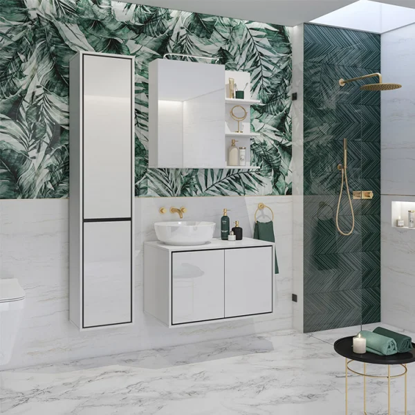 Mobile bagno sospeso 125x172cm con colonna e specchio bianco lucido nero Linda