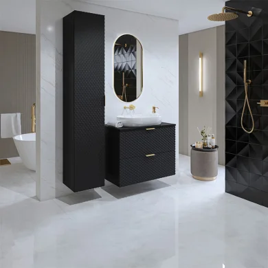 Mobile bagno sospeso 125x186cm con colonna nero frontali decorati Konny