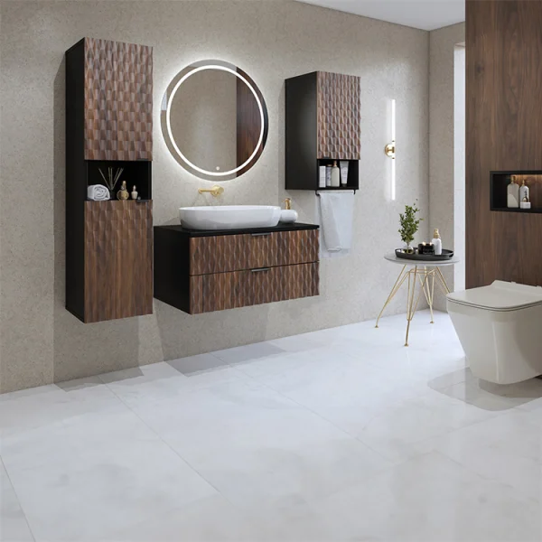 Mobile bagno sospeso 170x133cm colonna e pensile nero frontali noce decorati Silvy