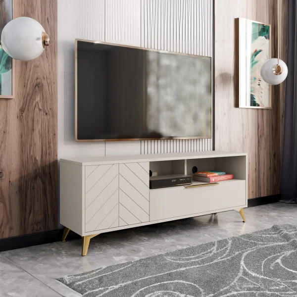 Mobile porta TV 154x60cm 1 anta 2 cassetti 2 vani a giorno beige con frontali serigrafati Miriam