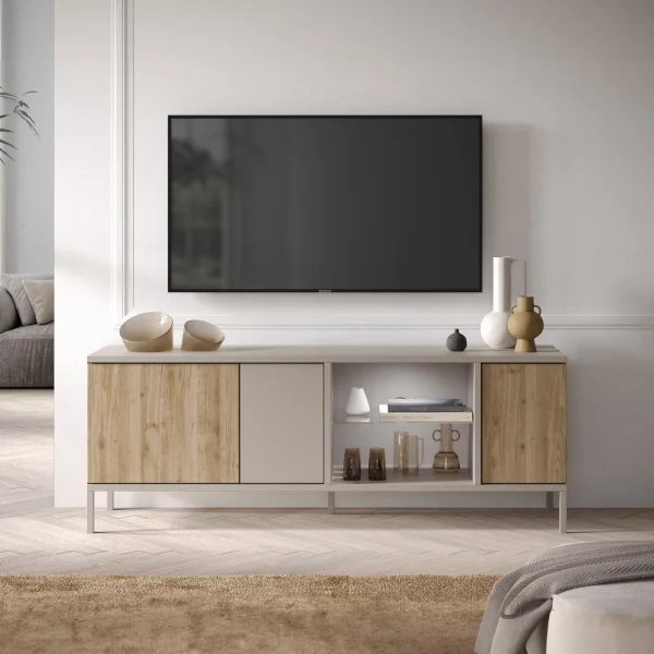 Mobile porta TV 160x59cm 3 ante 2 vani rovere chiaro beige Tony