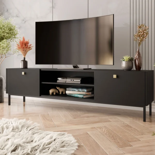 Mobile porta TV 180x48cm 2 ante 2 vani nero opaco Giuggiola