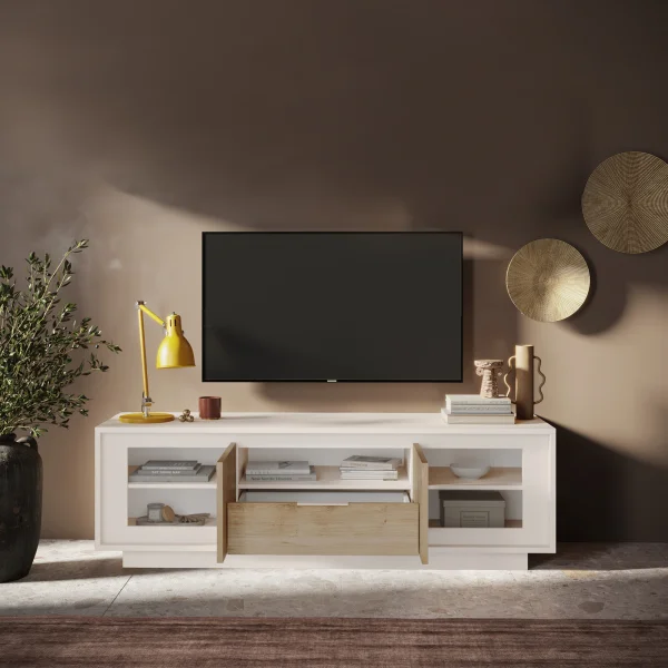 Mobile porta TV 184x58cm 2 ante 1 cassetto beige rovere chiaro Deluxe