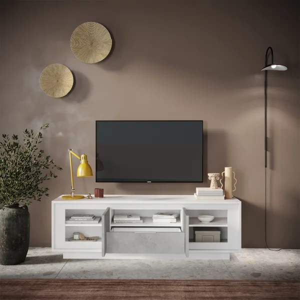 Mobile porta TV 184x58cm 2 ante 1 cassetto bianco opaco grigio cemento Deluxe