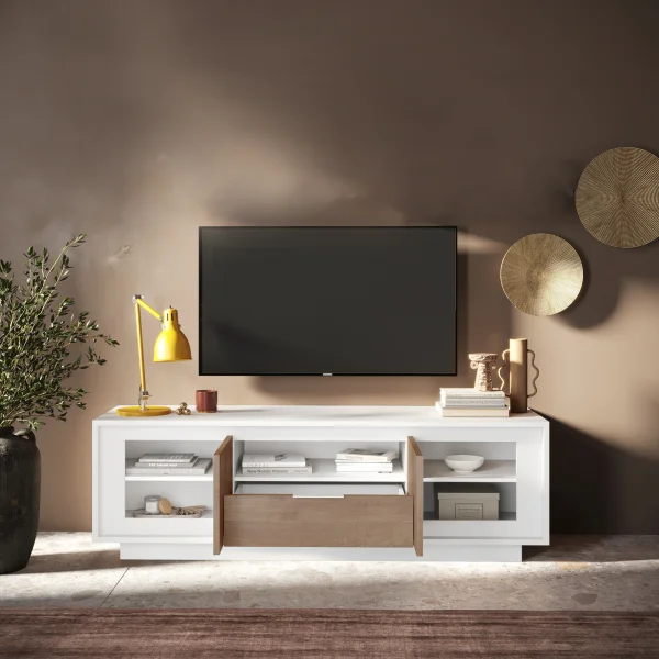 Mobile porta TV 184x58cm 2 ante 1 cassetto bianco opaco rovere scuro Deluxe