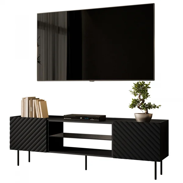 Mobile porta TV 181x59cm 2 ante 2 vani con frontali decorati nero Daniele