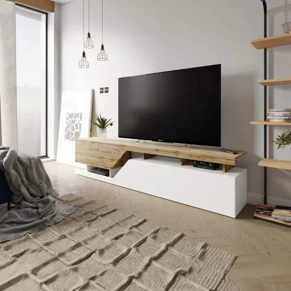 Mobile porta tv 200x47cm design moderno rovere bianco Modesta