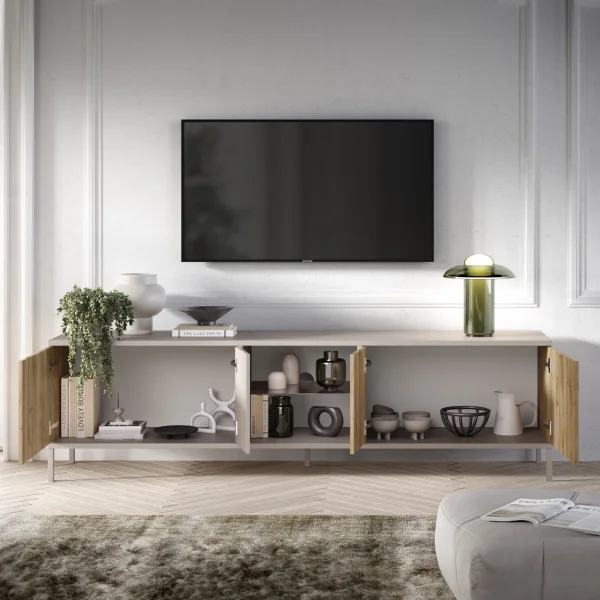 Mobile porta TV 210x59cm 4 ante 2 vani rovere chiaro beige Tony