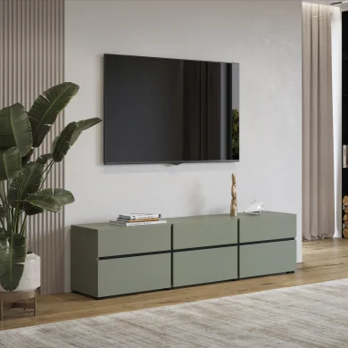 Mobile porta tv moderno 180x48cm 3 ante a ribalta 3 cassetti verde nero Lolla