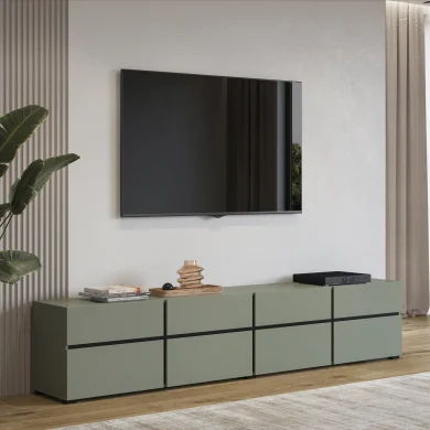 Mobile porta tv moderno 225x48cm 4 ante a ribalta 4 cassetti verde nero Lolla