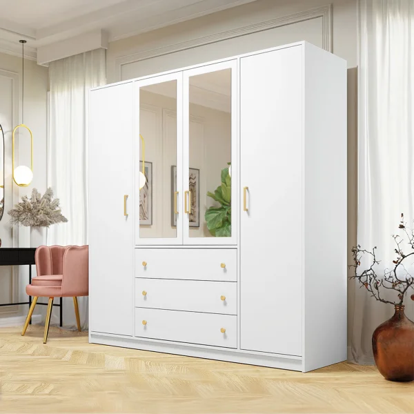 Armadio 196x200h cm 4 ante 3 cassetti con specchio bianco oro Ylma