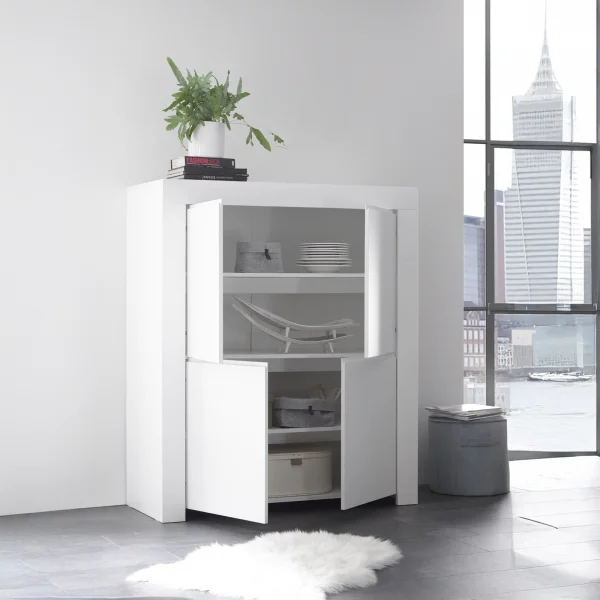 Credenza alta 110x140h cm 4 ante soggiorno moderna bianco opaco Bruma