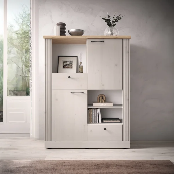 Credenza alta 118x160h cm 2 ante 3 vani 2 cassetti rovere bianco frassinato Doria
