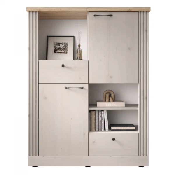 Credenza alta 118x160h cm 2 ante 3 vani 2 cassetti rovere bianco frassinato Doria