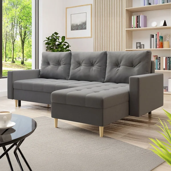 Divano letto angolare 3 posti 231x147cm con box contenitore grigio Venezia