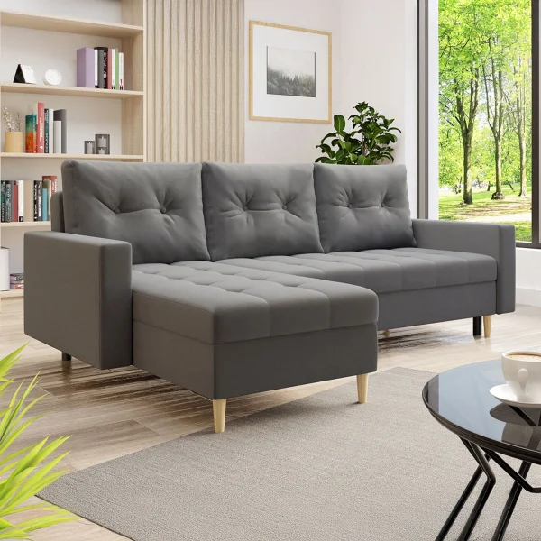 Divano letto angolare 3 posti 231x147cm con box contenitore grigio Venezia