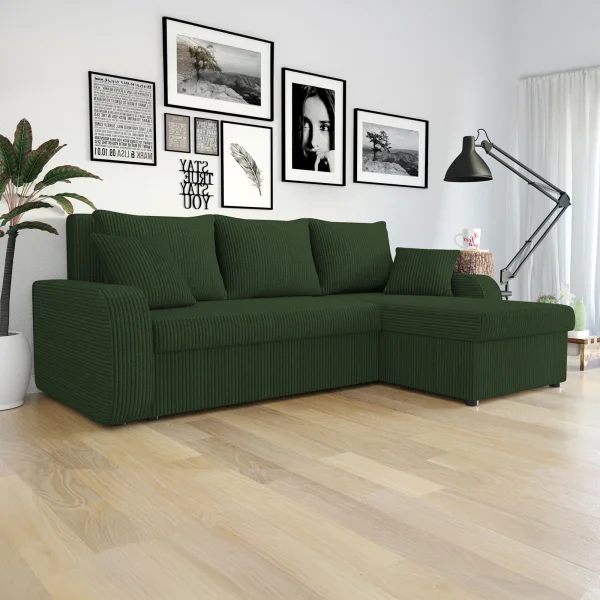 Divano letto angolare 3 posti 238x147cm con contenitore a coste verde Flow