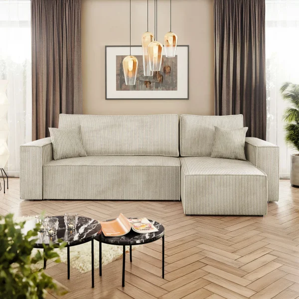 Divano letto angolare 3 posti 244x145cm con box contenitore velluto a coste beige Ploffy