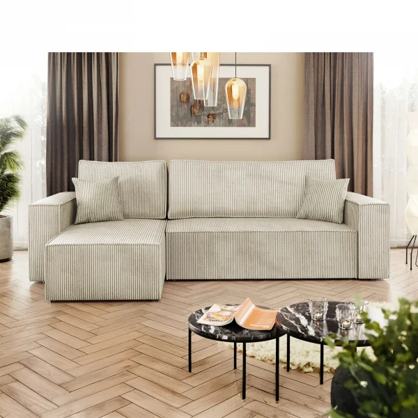 Divano letto angolare 3 posti 244x145cm con box contenitore velluto a coste beige Ploffy