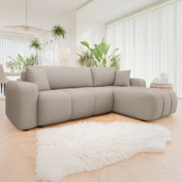 Divano letto angolare 3 posti 244x145cm con contenitore tessuto beige scuro Orama