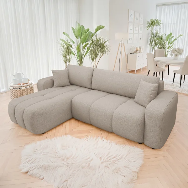 Divano letto angolare 3 posti 244x145cm con contenitore tessuto beige scuro Orama