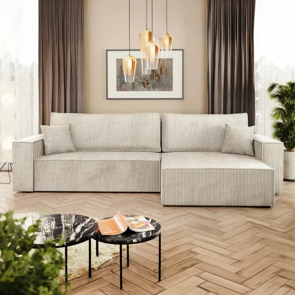 Divano letto angolare 4 posti 272x145cm con box contenitore velluto a coste beige Ploffy