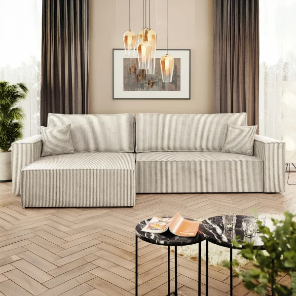 Divano letto angolare 4 posti 272x145cm con box contenitore velluto a coste beige Ploffy