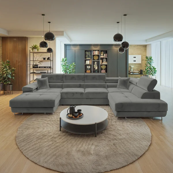 Divano letto angolare destra 5 posti 346x203cm con box contenitore velluto grigio Moirea