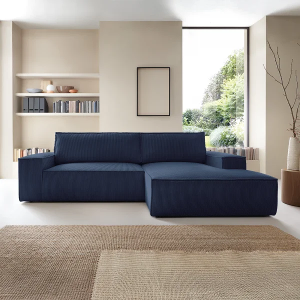 Divano letto angolare destra 3 posti 267x167cm velluto a coste blu Relaxion