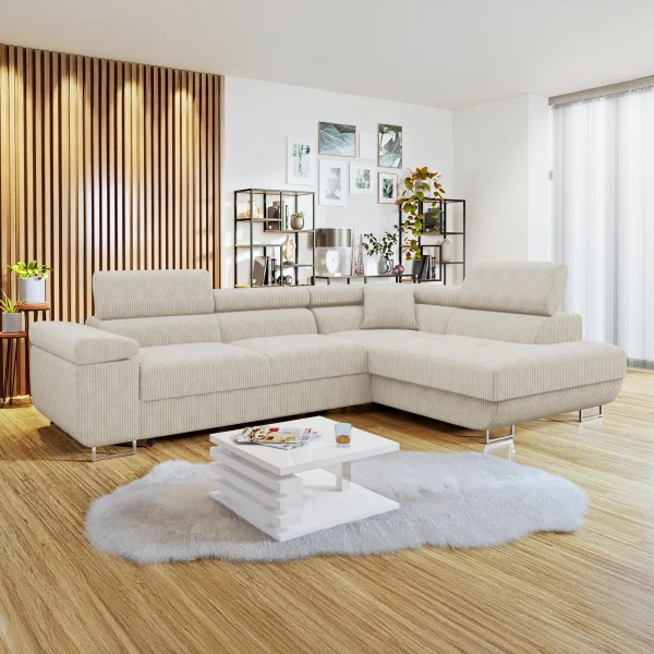 Divano letto angolare destra 4 posti 274x203cm imbottito a coste beige Bormio