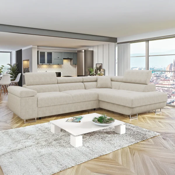 Divano letto angolare destra 4 posti 274x203cm imbottito a coste beige Bormio