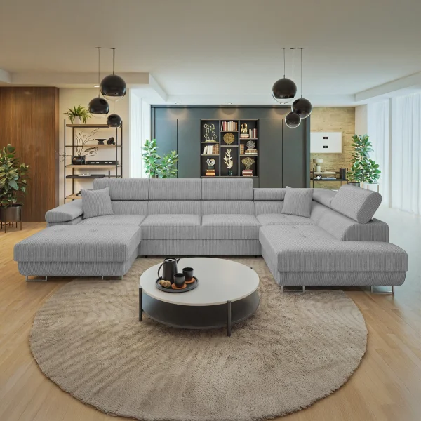 Divano letto angolare destra 5 posti 346x203cm con box contenitore a coste grigio Moirea