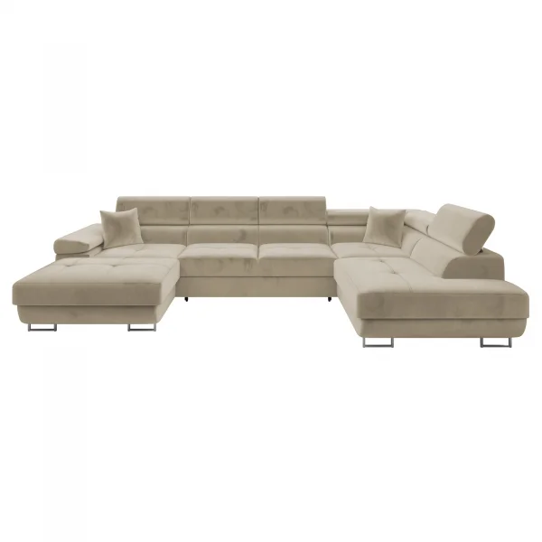 Divano letto angolare destra 5 posti 346x203cm con box contenitore vellutato beige Moirea