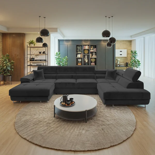 Divano letto angolare destra 5 posti 346x203cm con box contenitore velluto nero Moirea