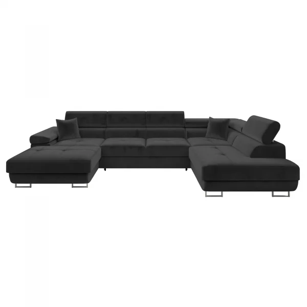 Divano letto angolare destra 5 posti 346x203cm con box contenitore velluto nero Moirea
