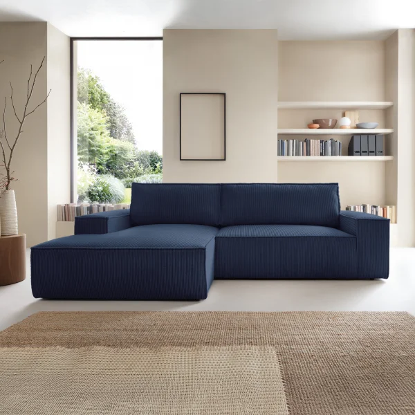 Divano letto angolare sinistra 3 posti 267x167cm velluto a coste blu Relaxion