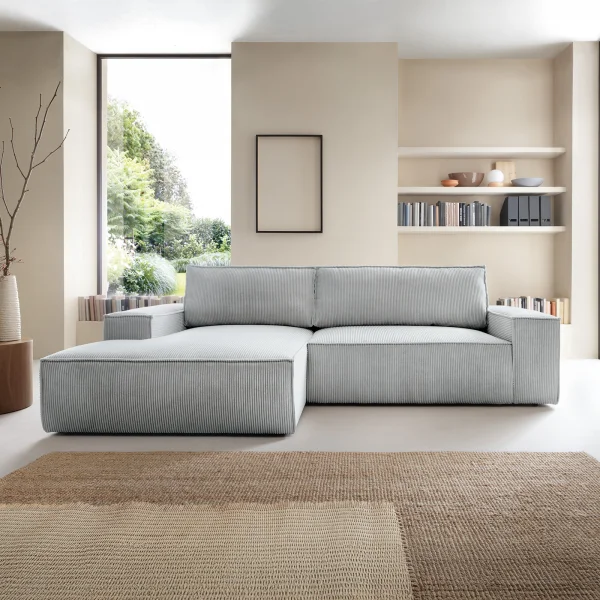 Divano letto angolare sinistra 3 posti 267x167cm velluto a coste grigio chiaro Relaxion