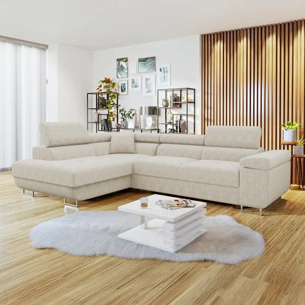 Divano letto angolare sinistra 4 posti 274x203cm imbottito a coste beige Bormio