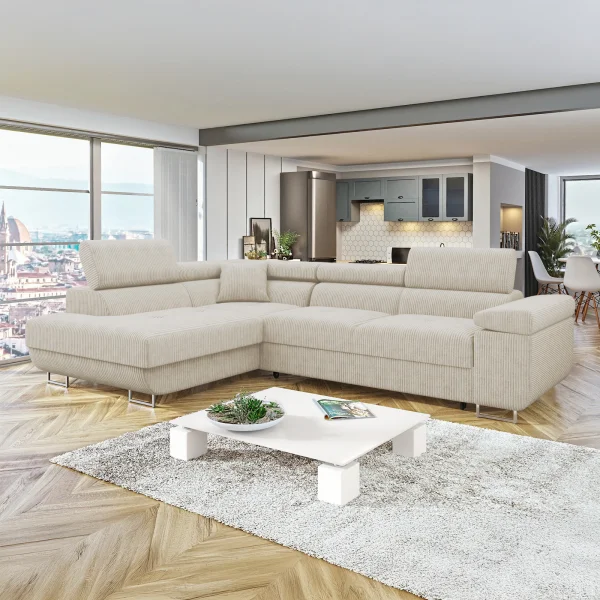 Divano letto angolare sinistra 4 posti 274x203cm imbottito a coste beige Bormio