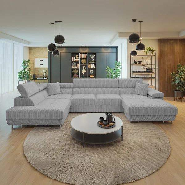 Divano letto angolare sinistra 5 posti 346x203cm con box contenitore a coste grigio Moirea