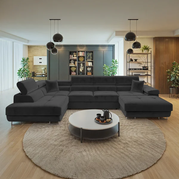 Divano letto angolare sinistra 5 posti 346x203cm con box contenitore vellutato nero Moirea