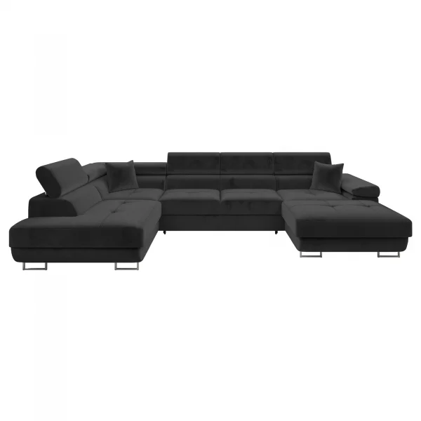 Divano letto angolare sinistra 5 posti 346x203cm con box contenitore vellutato nero Moirea