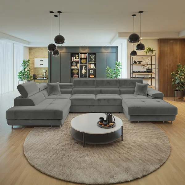 Divano letto angolare sinistra 5 posti 346x203cm con box contenitore velluto grigio Moirea