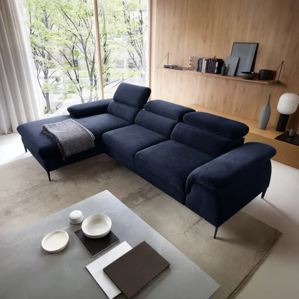 Divano letto regolabile angolare sinistra 4 posti 288x182cm tessuto blu Loungey