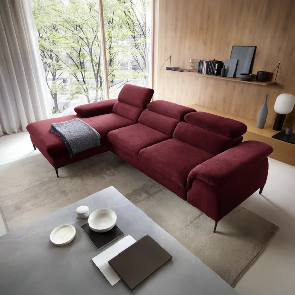 Divano letto regolabile angolare sinistra 4 posti 288x182cm tessuto rosso bordeaux Loungey