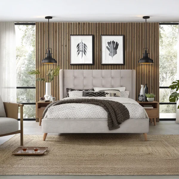 Letto 160x200cm matrimoniale imbottito in velluto con rete a doghe beige Resty
