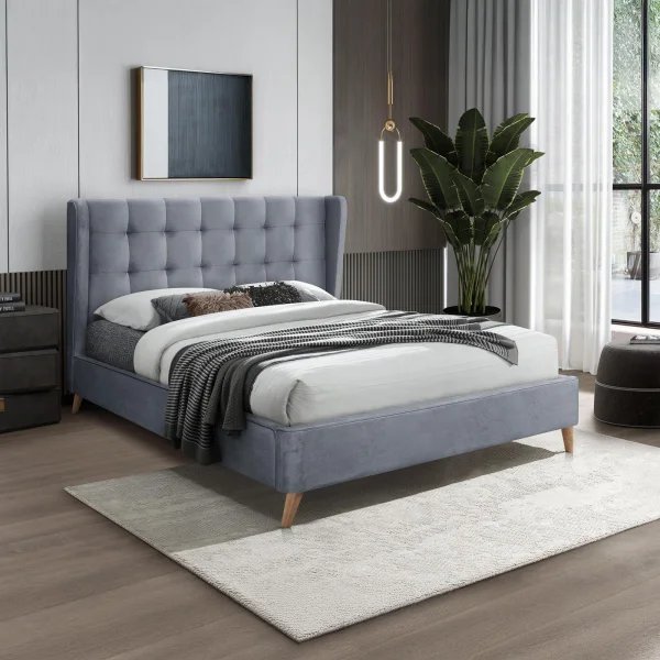 Letto 160x200cm matrimoniale imbottito in velluto con rete a doghe grigio Resty