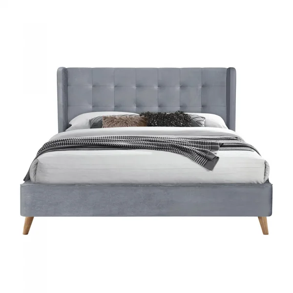 Letto 160x200cm matrimoniale imbottito in velluto con rete a doghe grigio Resty